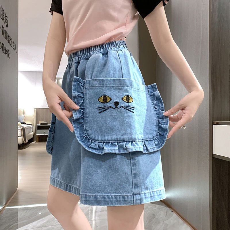 Cute Kitten Wooden Ear Denim Shorts Women'S Elastic Waist Plus Size High School Students Children'S Fun Wide Leg Pants - Image 3