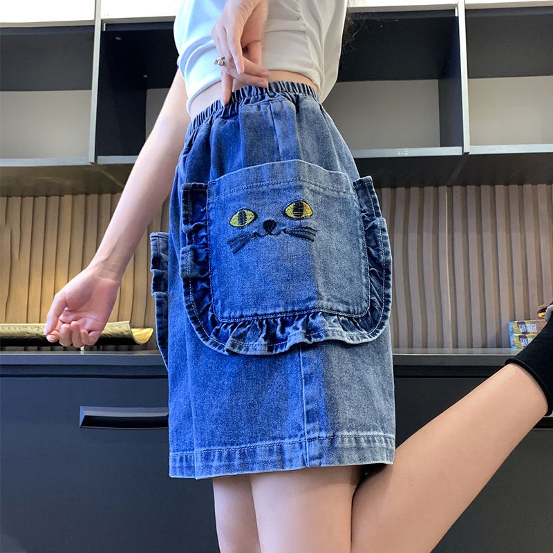 Cute Kitten Wooden Ear Denim Shorts Women'S Elastic Waist Plus Size High School Students Children'S Fun Wide Leg Pants - Image 5
