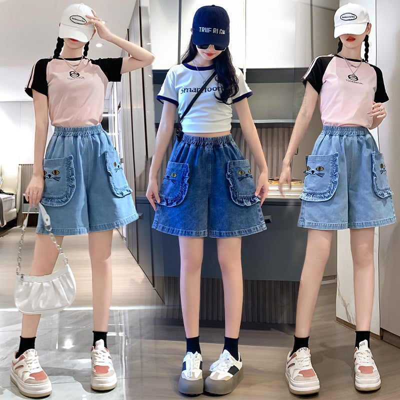 Cute Kitten Wooden Ear Denim Shorts Women'S Elastic Waist Plus Size High School Students Children'S Fun Wide Leg Pants - Image 2