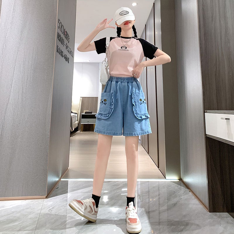 Cute Kitten Wooden Ear Denim Shorts Women'S Elastic Waist Plus Size High School Students Children'S Fun Wide Leg Pants - Image 4