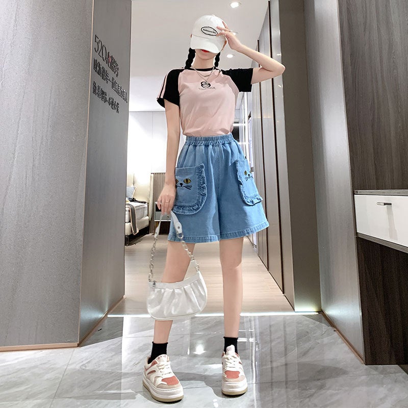 Cute Kitten Wooden Ear Denim Shorts Women'S Elastic Waist Plus Size High School Students Children'S Fun Wide Leg Pants - Image 1