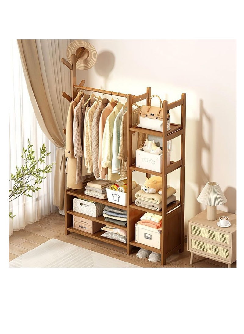 رف الملابس رف الملابس المصنوع من الخيزران رف المعطف متعدد الوظائف لغرفة النوم رف معلق منظم الملابس قبعة شجرة أرفف تخزين خزانة الملابس مع 6 خطافات (100 سم) - Image 1