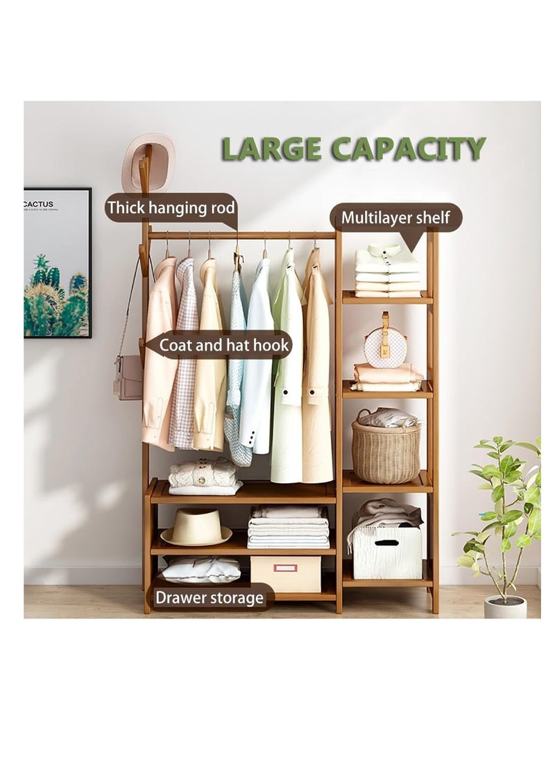 رف الملابس رف الملابس المصنوع من الخيزران رف المعطف متعدد الوظائف لغرفة النوم رف معلق منظم الملابس قبعة شجرة أرفف تخزين خزانة الملابس مع 6 خطافات (100 سم) - Image 5