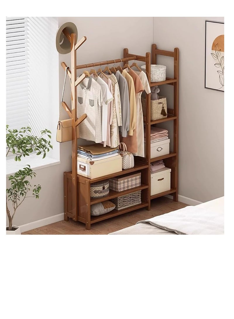 رف الملابس رف الملابس المصنوع من الخيزران رف المعطف متعدد الوظائف لغرفة النوم رف معلق منظم الملابس قبعة شجرة أرفف تخزين خزانة الملابس مع 6 خطافات (100 سم) - Image 4