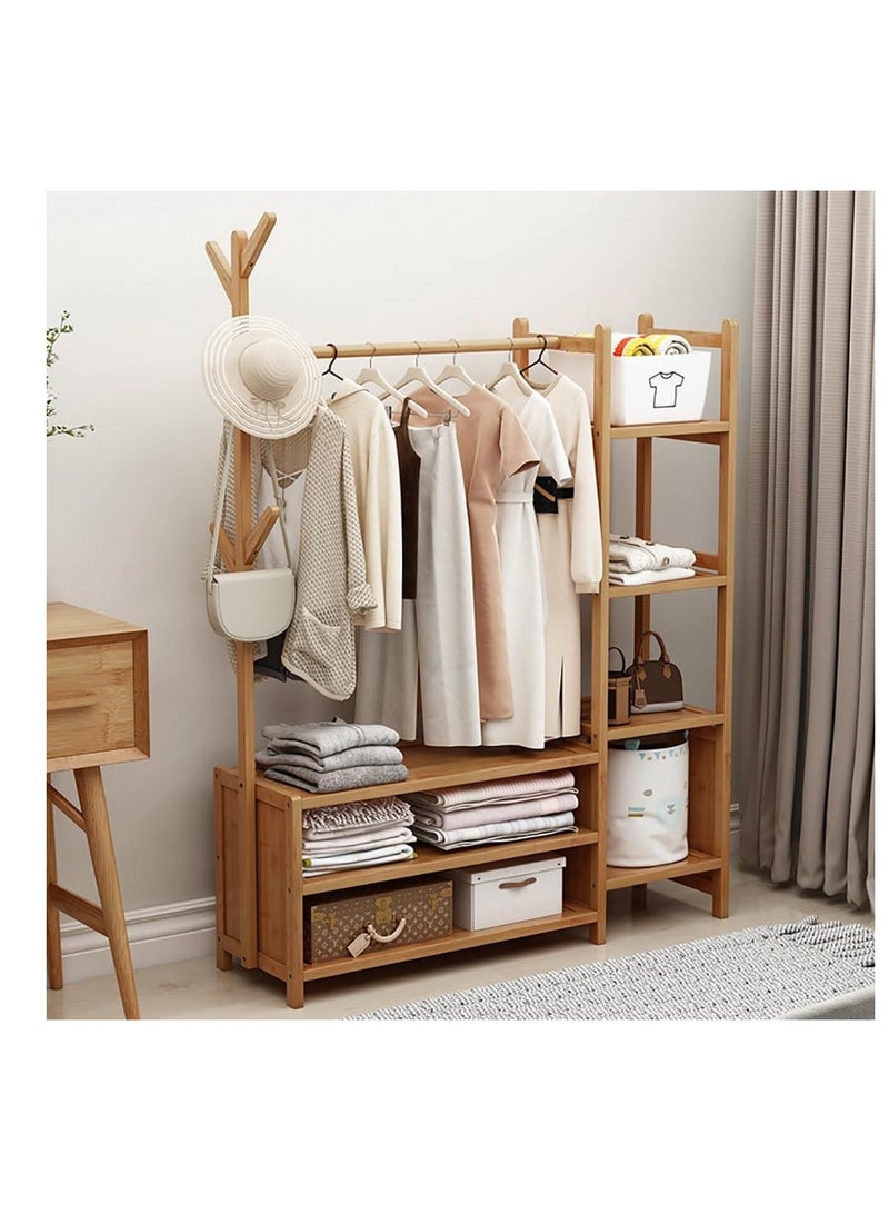 رف الملابس رف الملابس المصنوع من الخيزران رف المعطف متعدد الوظائف لغرفة النوم رف معلق منظم الملابس قبعة شجرة أرفف تخزين خزانة الملابس مع 6 خطافات (100 سم) - Image 3