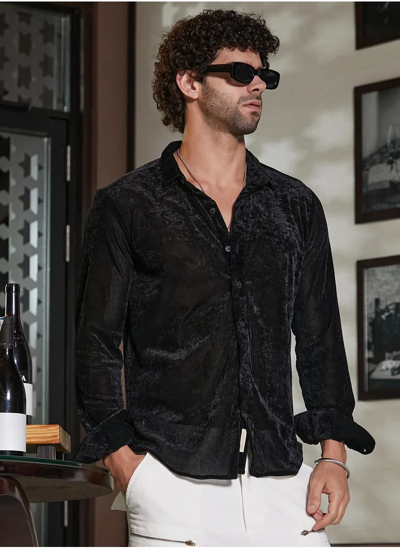 Campus Sutra Men's Onyx Black Solid Velvet Shirt