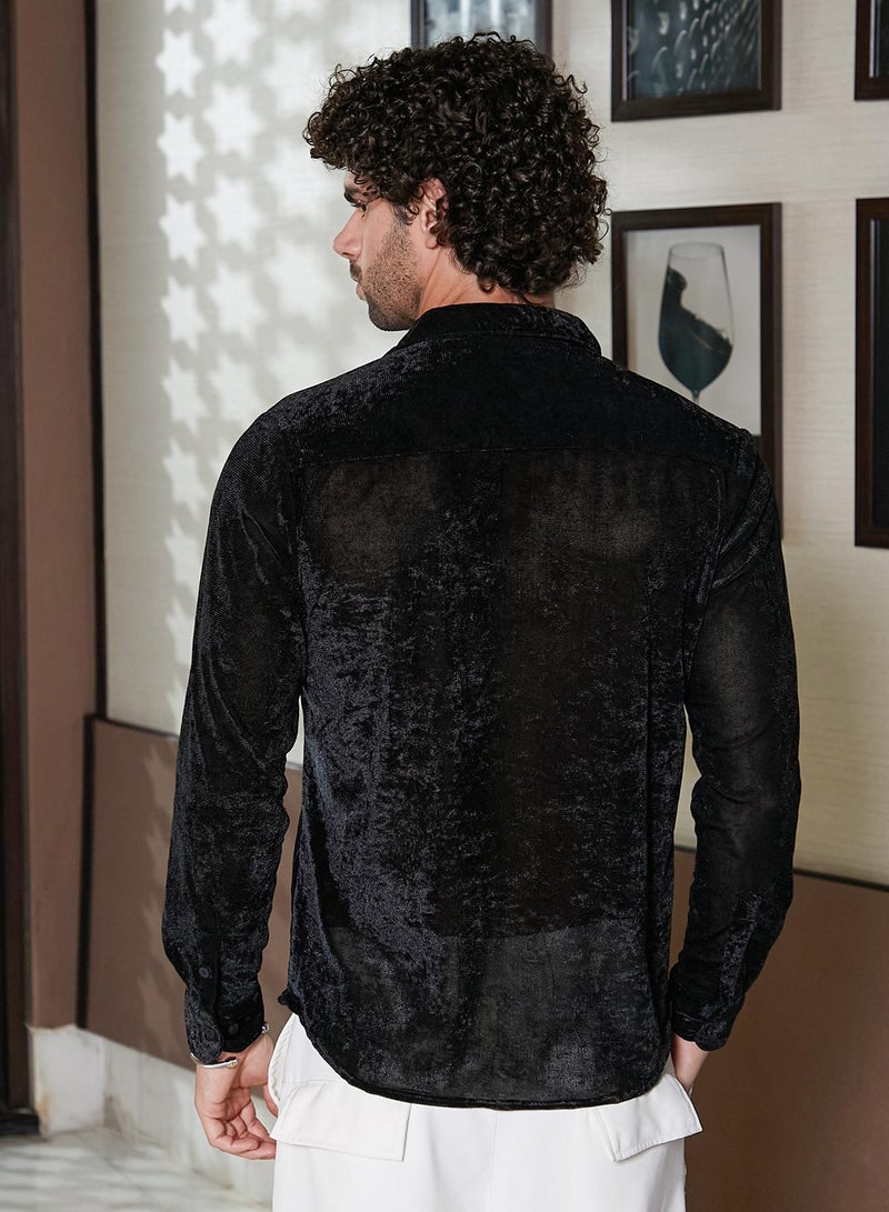 Campus Sutra Men's Onyx Black Solid Velvet Shirt - Image 5