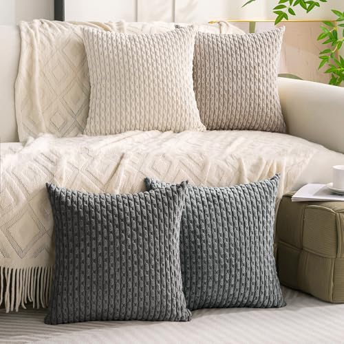 Cozoomy Set of 4 Grey White Taupe Decorative Throw Pillow Covers 18x18 Inch Corduroy Pillow Covers for Bed Couch Sofa Living Room Soft Square Cushion Cases - Image 3
