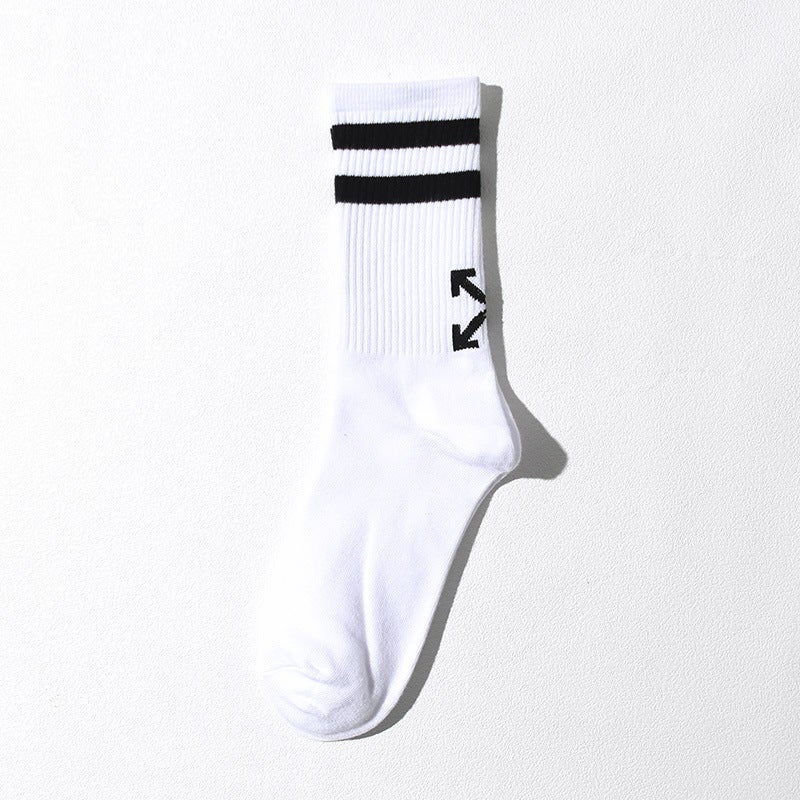 Generic ow sports mid-barrel socks two-bar striped ins tide socks skateboard socks mid-barrel cotton socks arrow socks neutral socks White.