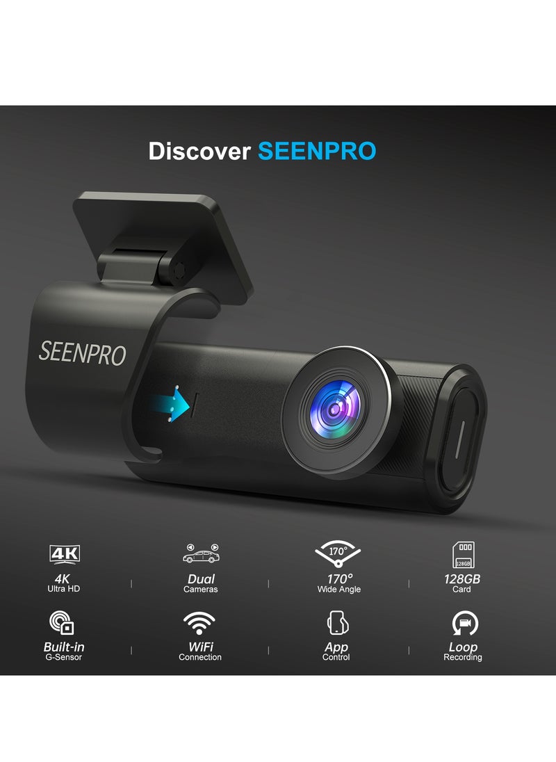 سين برو - 4K كاميرا داش مزدوجة مع تسجيل أمامي وخلفي، تشمل بطاقة 128 جيجابايت، واي فاي مدمج، زاوية عرض 170 درجة، رؤية ليلية، HDR، حساس G، شاشة 1.47 بوصة، وضع ركن، تسجيل دائري، تحكم عبر التطبيق. - Image 1