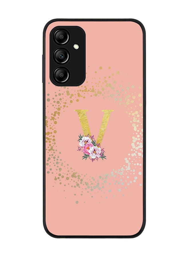 Stylizedd Rugged Black edge case for Samsung Galaxy A14 4G/5G Slim fit Soft Case Flexible Rubber Edges Anti Drop TPU Gel Thin Cover - Custom Monogram Initial Letter Floral Pattern Alphabet - V (Rose Pink) - Image 1