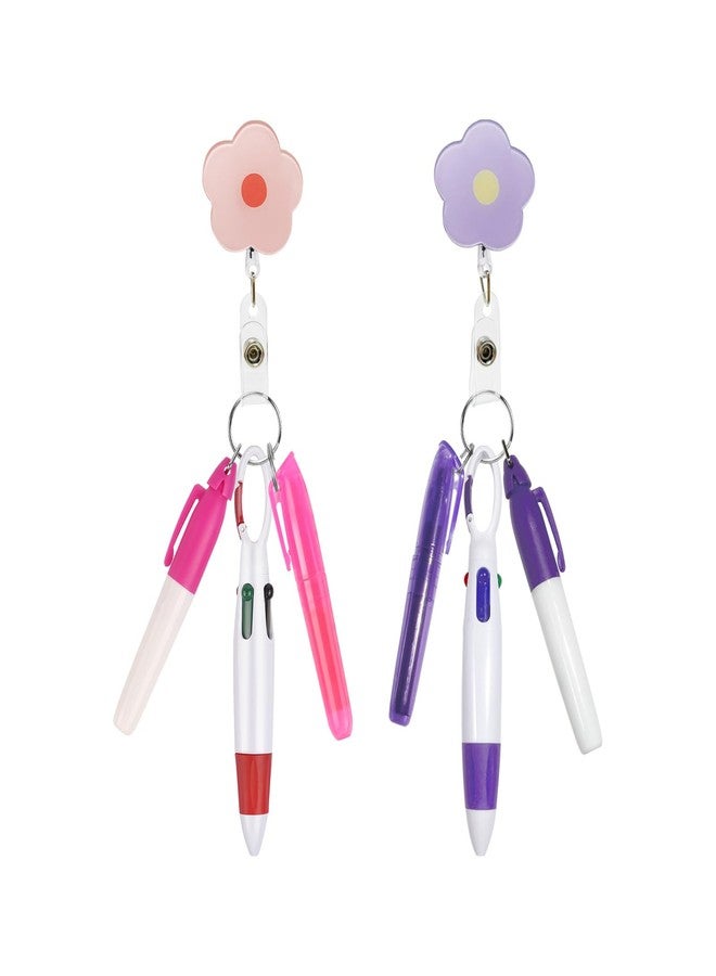 Uaimvie 2 Sets Badge Accessories Pack for Nurses Including Flower Retractable Reel Clips, Mini Highlighters, Permanent Markers, and Multicolored Ballpoint Pens - Pink and Purple - Image 1