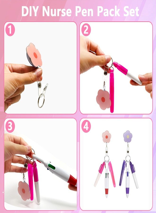 Uaimvie 2 Sets Badge Accessories Pack for Nurses Including Flower Retractable Reel Clips, Mini Highlighters, Permanent Markers, and Multicolored Ballpoint Pens - Pink and Purple - Image 5