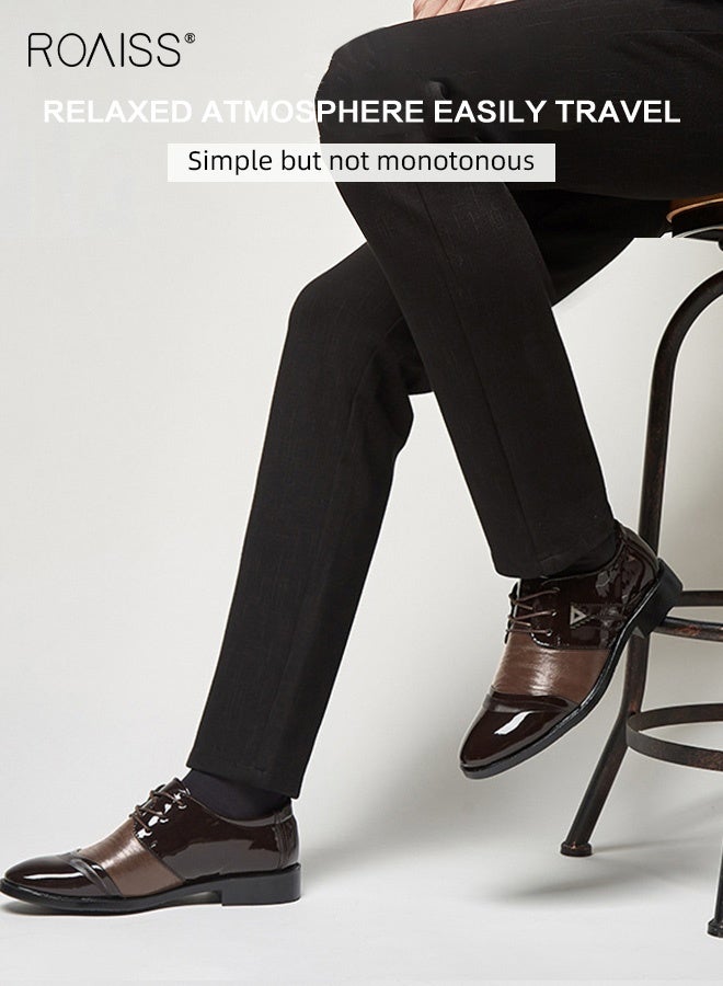 رويس أحذية رجالية من الجلد اللامع، أحذية رسمية منخفضة الرقبة مع أربطة ونعل مانع للانزلاق، أحذية أنيقة للرجال، أحذية جلدية كلاسيكية بسيطة للعمل، مناسبة للارتداء اليومي والعمل وحفلات الزفاف والأنشطة الخارجية - Image 2