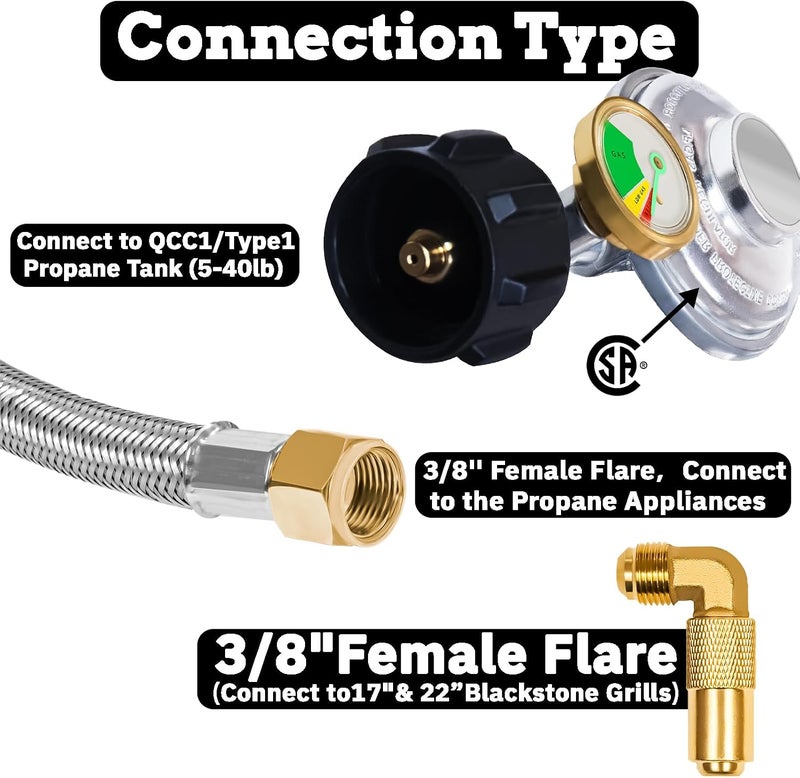 Feirenql 12FT Propane Regulator Hose with Gauge Stainless Braided, QCC1 Propane Adapter Hose Regulator for 20lb Tank with Elbow Adaptor Fit for LP Gas Grill, Camping Stove, Heater, Fire Pit - Image 4