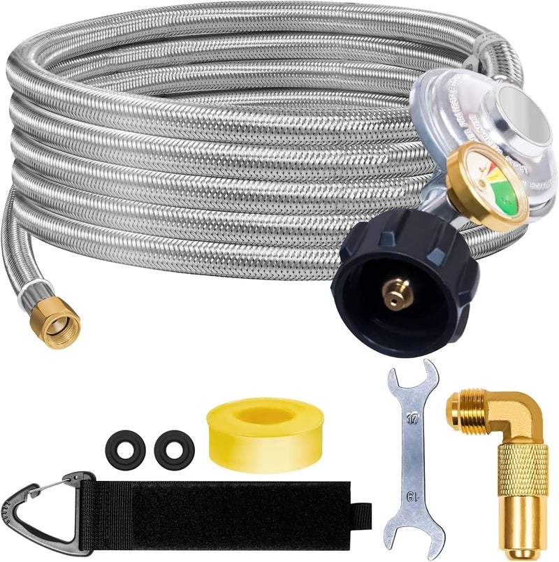 Feirenql 12FT Propane Regulator Hose with Gauge Stainless Braided, QCC1 Propane Adapter Hose Regulator for 20lb Tank with Elbow Adaptor Fit for LP Gas Grill, Camping Stove, Heater, Fire Pit - Image 1