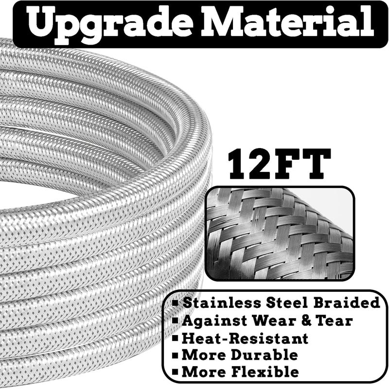 Feirenql 12FT Propane Regulator Hose with Gauge Stainless Braided, QCC1 Propane Adapter Hose Regulator for 20lb Tank with Elbow Adaptor Fit for LP Gas Grill, Camping Stove, Heater, Fire Pit - Image 2