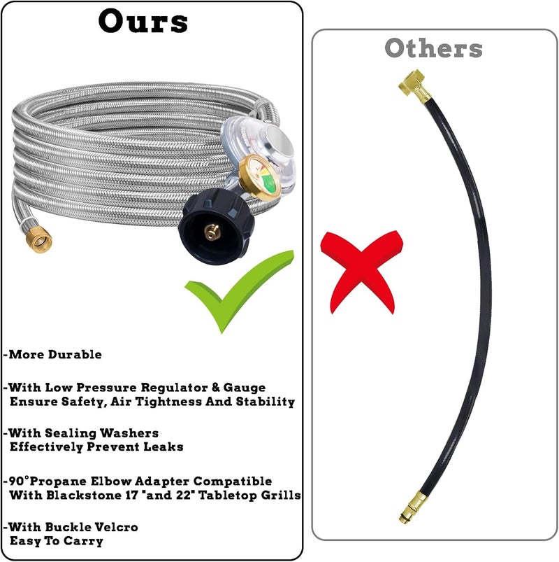 Feirenql 12FT Propane Regulator Hose with Gauge Stainless Braided, QCC1 Propane Adapter Hose Regulator for 20lb Tank with Elbow Adaptor Fit for LP Gas Grill, Camping Stove, Heater, Fire Pit - Image 5