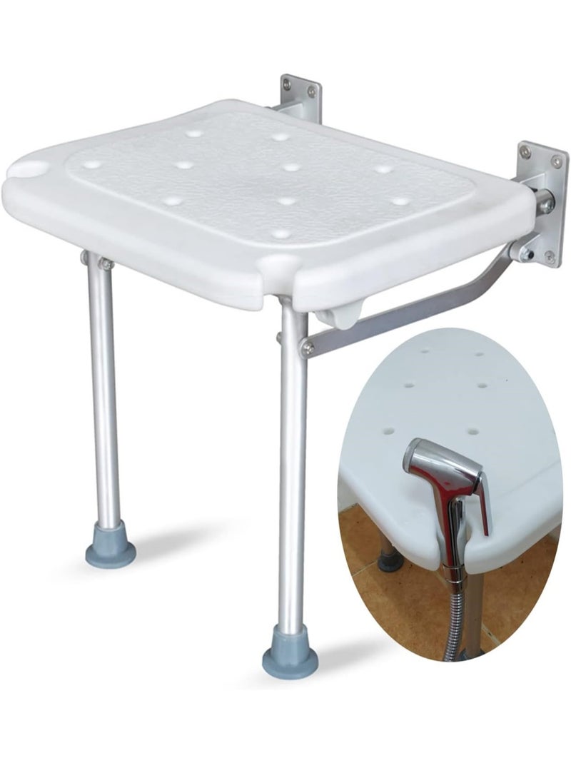 Generic Folding Shower Bench Wall Mounted Flip-up Bath Seat Screw-in Bathroom Chair Stool with Non-slip Feet Drainage Holes Shower Head Slot for Elderly Seniors Disabled Height Adjustable (Max Load 200Kg)  - Image 1