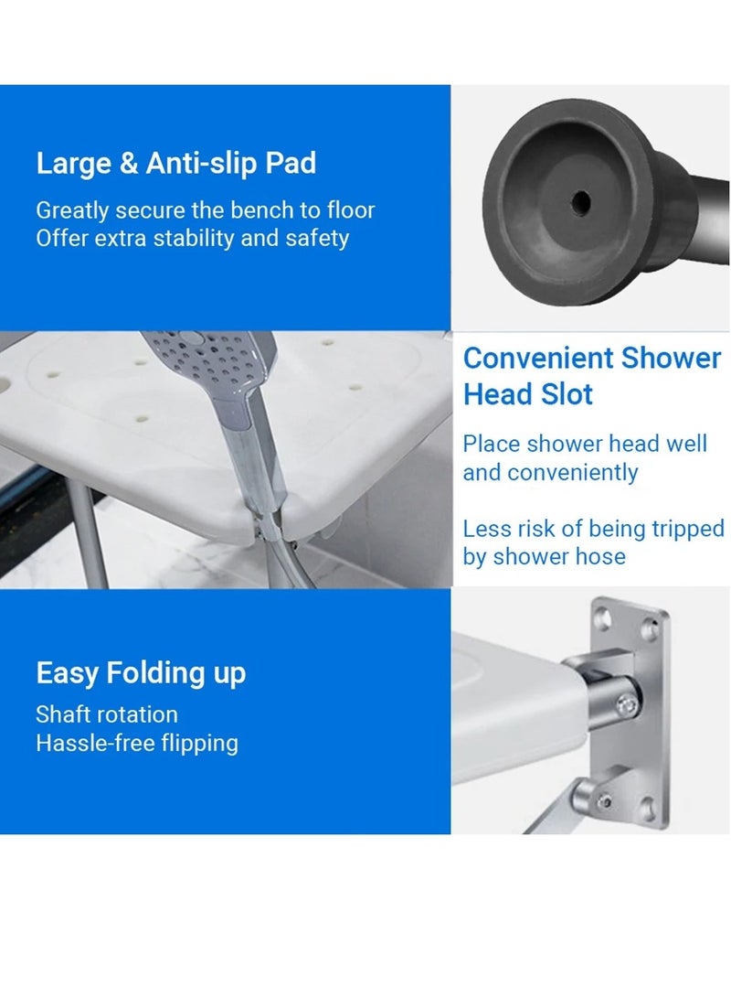 Generic Folding Shower Bench Wall Mounted Flip-up Bath Seat Screw-in Bathroom Chair Stool with Non-slip Feet Drainage Holes Shower Head Slot for Elderly Seniors Disabled Height Adjustable (Max Load 200Kg)  - Image 5