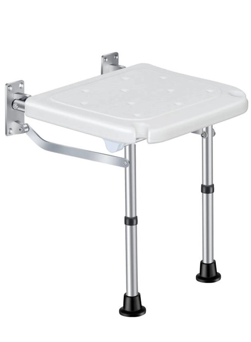 Generic Folding Shower Bench Wall Mounted Flip-up Bath Seat Screw-in Bathroom Chair Stool with Non-slip Feet Drainage Holes Shower Head Slot for Elderly Seniors Disabled Height Adjustable (Max Load 200Kg)  - Image 3