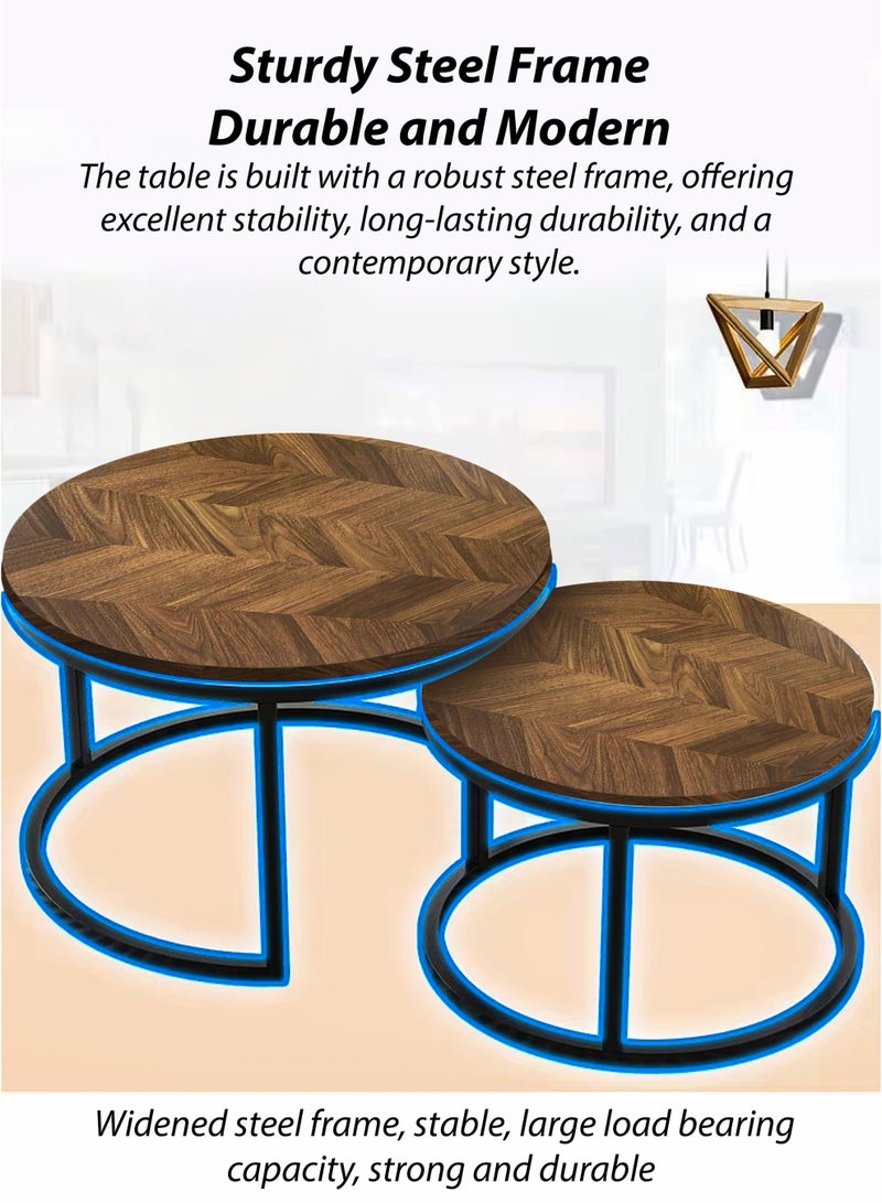 DBLEW Modern Wooden Finish Round Nesting Coffee Table Set of 2 One Small and One Big Side Tea Tables with Black Steel Base Space Saving Design Durable MDF Top Waterproof and Scratch-Resistant Perfect for Home Living Room Bedroom Outdoor Garden Patio or Small Spaces Versatile End Table, Sofa Side, Center Table Bedside Tables Stackable Accent Table  - Image 4