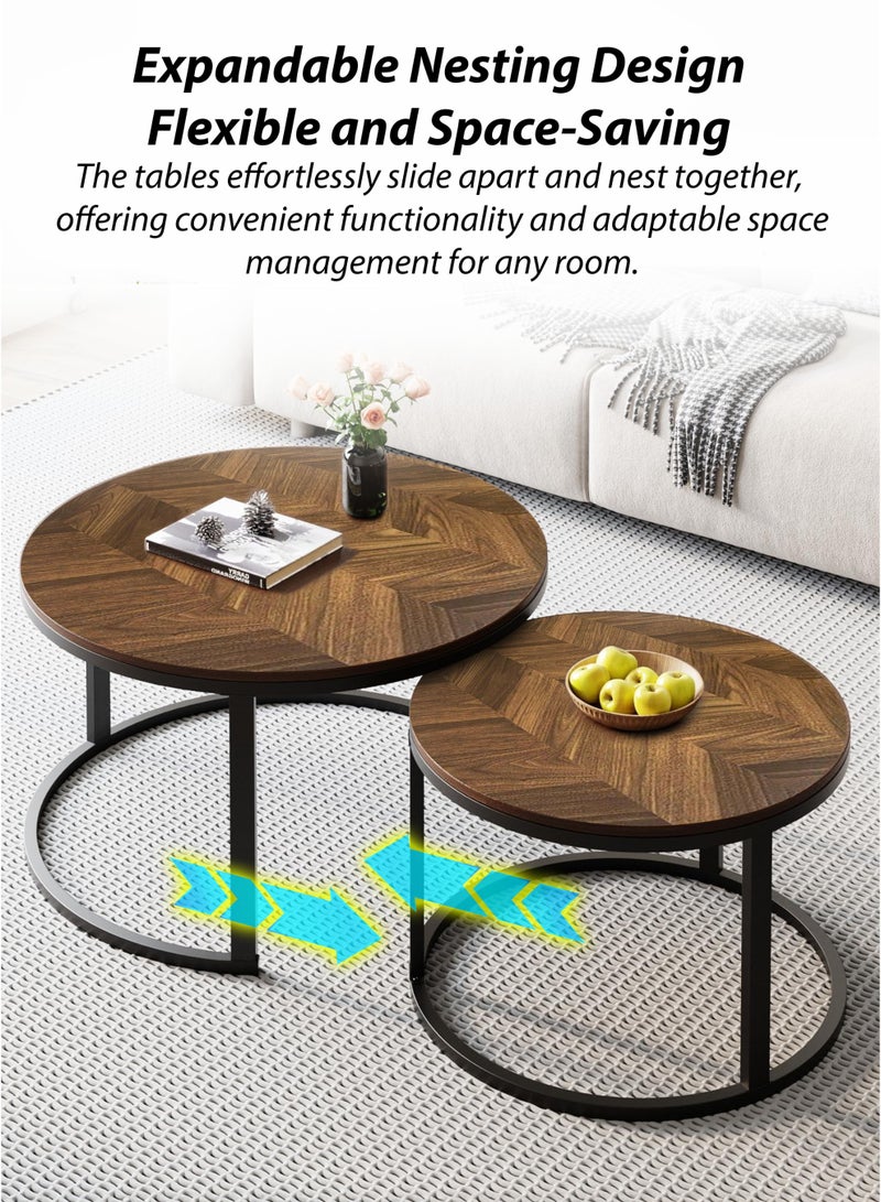 DBLEW Modern Wooden Finish Round Nesting Coffee Table Set of 2 One Small and One Big Side Tea Tables with Black Steel Base Space Saving Design Durable MDF Top Waterproof and Scratch-Resistant Perfect for Home Living Room Bedroom Outdoor Garden Patio or Small Spaces Versatile End Table, Sofa Side, Center Table Bedside Tables Stackable Accent Table  - Image 3