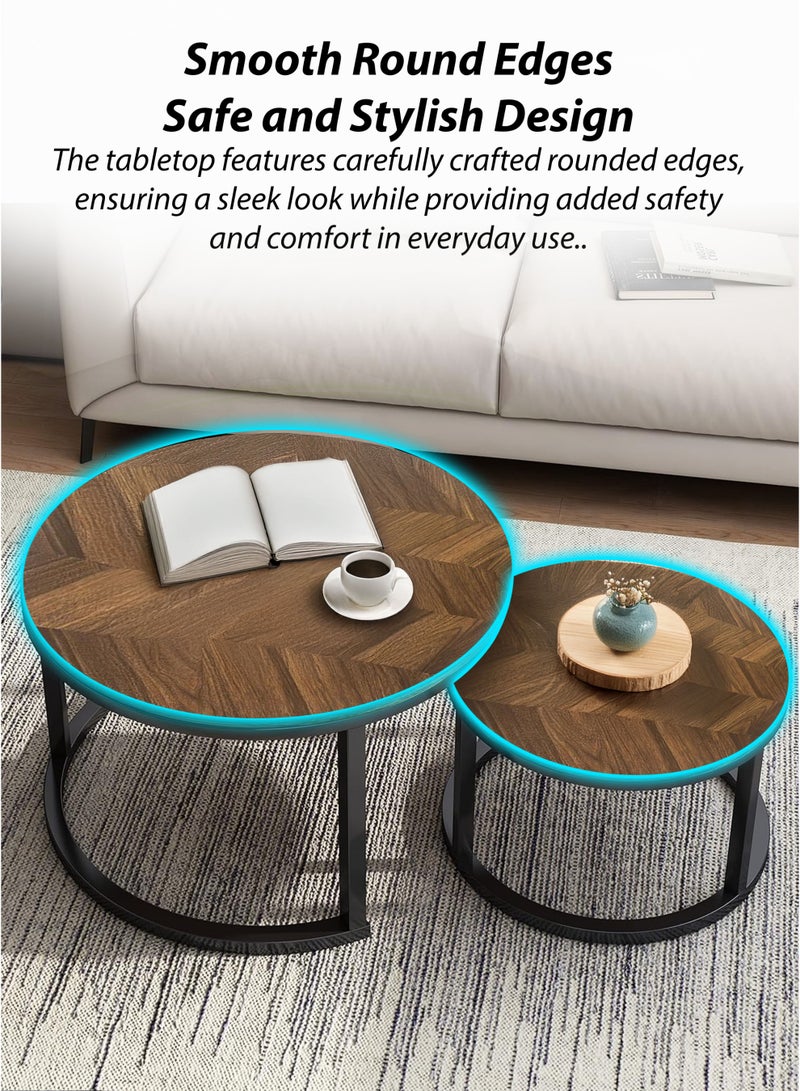 DBLEW Modern Wooden Finish Round Nesting Coffee Table Set of 2 One Small and One Big Side Tea Tables with Black Steel Base Space Saving Design Durable MDF Top Waterproof and Scratch-Resistant Perfect for Home Living Room Bedroom Outdoor Garden Patio or Small Spaces Versatile End Table, Sofa Side, Center Table Bedside Tables Stackable Accent Table  - Image 5