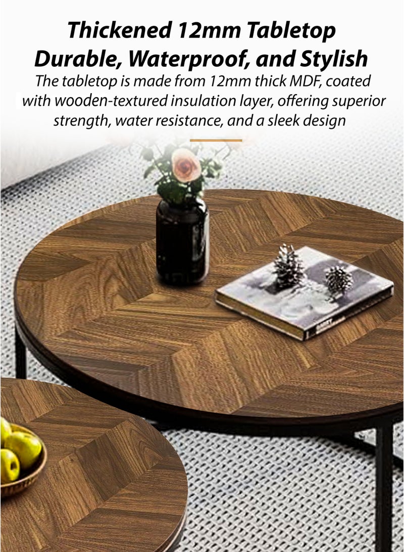 DBLEW Modern Wooden Finish Round Nesting Coffee Table Set of 2 One Small and One Big Side Tea Tables with Black Steel Base Space Saving Design Durable MDF Top Waterproof and Scratch-Resistant Perfect for Home Living Room Bedroom Outdoor Garden Patio or Small Spaces Versatile End Table, Sofa Side, Center Table Bedside Tables Stackable Accent Table  - Image 2