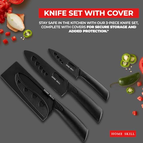 HOME SKILL®Kitchen Knife Set Stainless Steel 3 Pieces Professional Meat Knife Chef Knife with Non-Slip Ergonomic Handle Sharp Manual Sharpening for Home Kitchen High Carbon Knife Set (Black) - Image 3