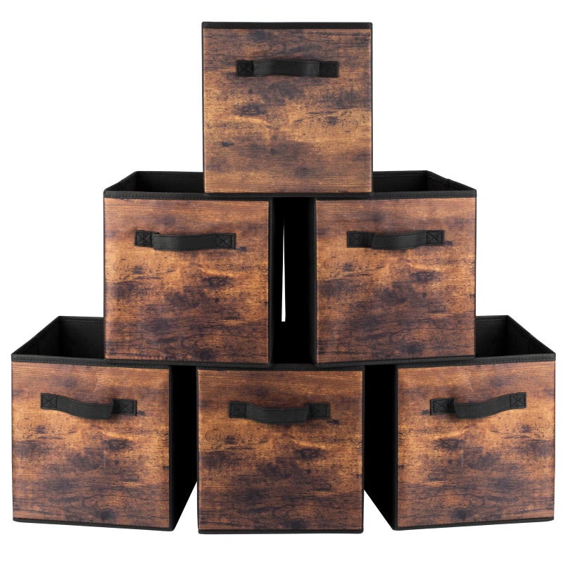 EWES 11 Inch Fabric Storage Cubes 6 Pack Foldable Storage Bins with Handle Storage Baskets Box for Shelves Closet Organizer Brown Black