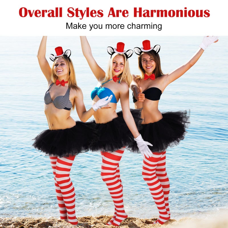 Geyoga 5 Pcs Tulle Tutu Costume Accessories Set Adults Tulle Tutu Skirt Cat Ear Headband Bowtie Striped Tights Full Length Tights Thigh High Stocking Parade Gloves for 80s Party Cosplay School - Image 2