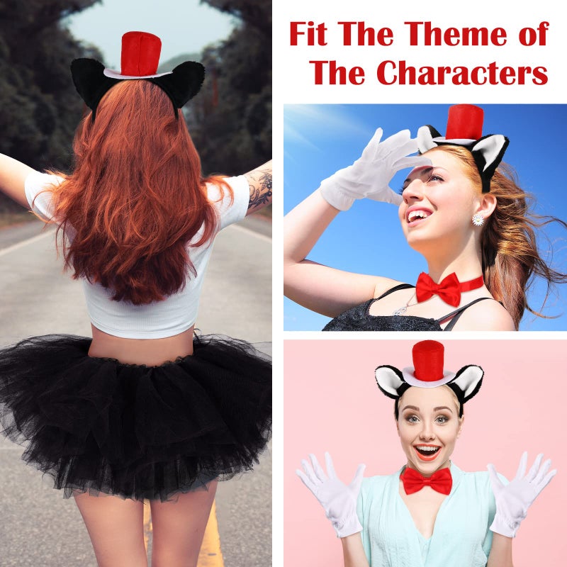 Geyoga 5 Pcs Tulle Tutu Costume Accessories Set Adults Tulle Tutu Skirt Cat Ear Headband Bowtie Striped Tights Full Length Tights Thigh High Stocking Parade Gloves for 80s Party Cosplay School - Image 5