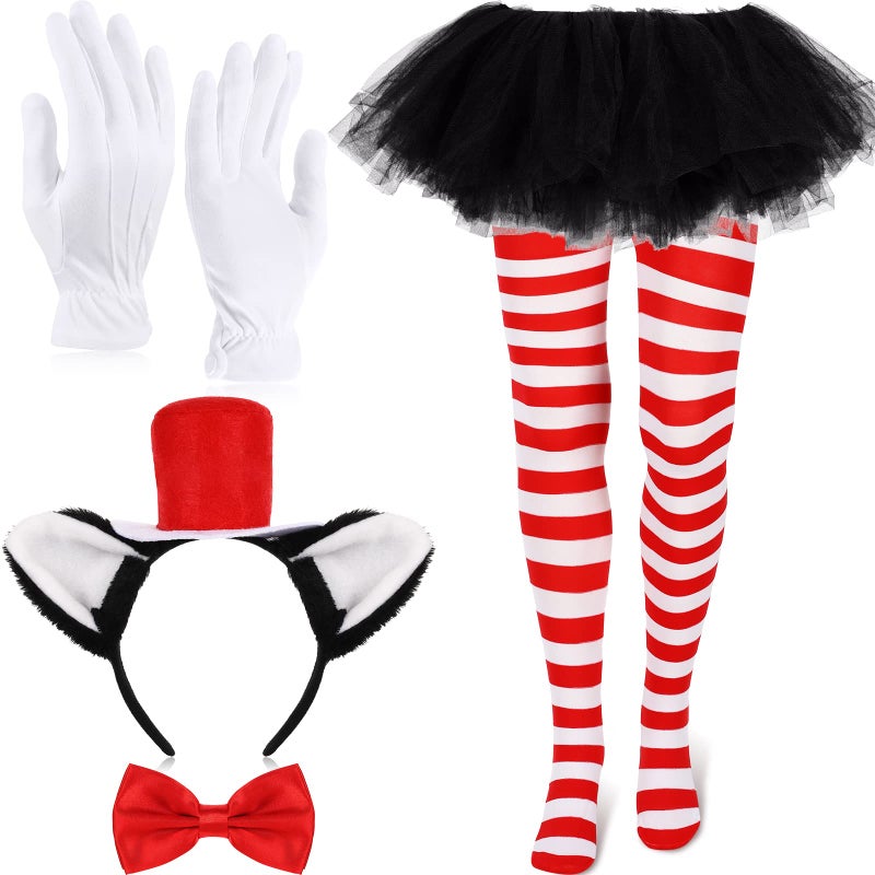 Geyoga 5 Pcs Tulle Tutu Costume Accessories Set Adults Tulle Tutu Skirt Cat Ear Headband Bowtie Striped Tights Full Length Tights Thigh High Stocking Parade Gloves for 80s Party Cosplay School - Image 1