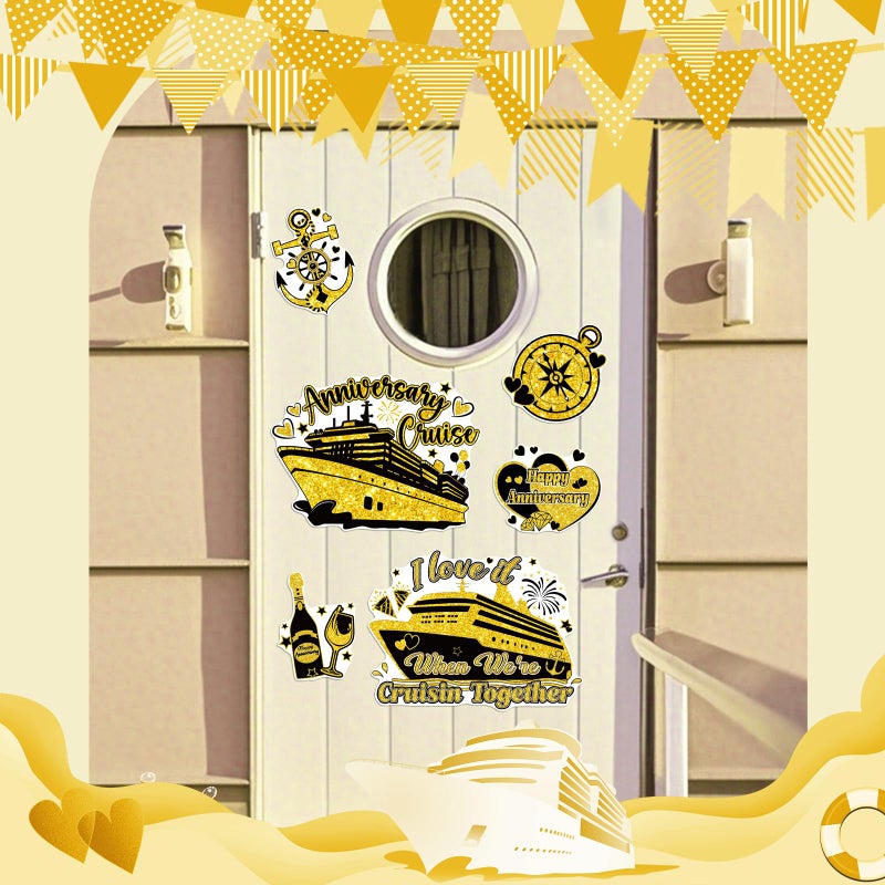 Dazoratix Anniversary Cruise Door Decorations - 7 Pcs Gold Ship Cabin Magnetic Stickers Anchor Magnets Stateroom Accessories for Wedding Party Carnival Fridge Decals Refrigerator Magnet Decor - Image 2