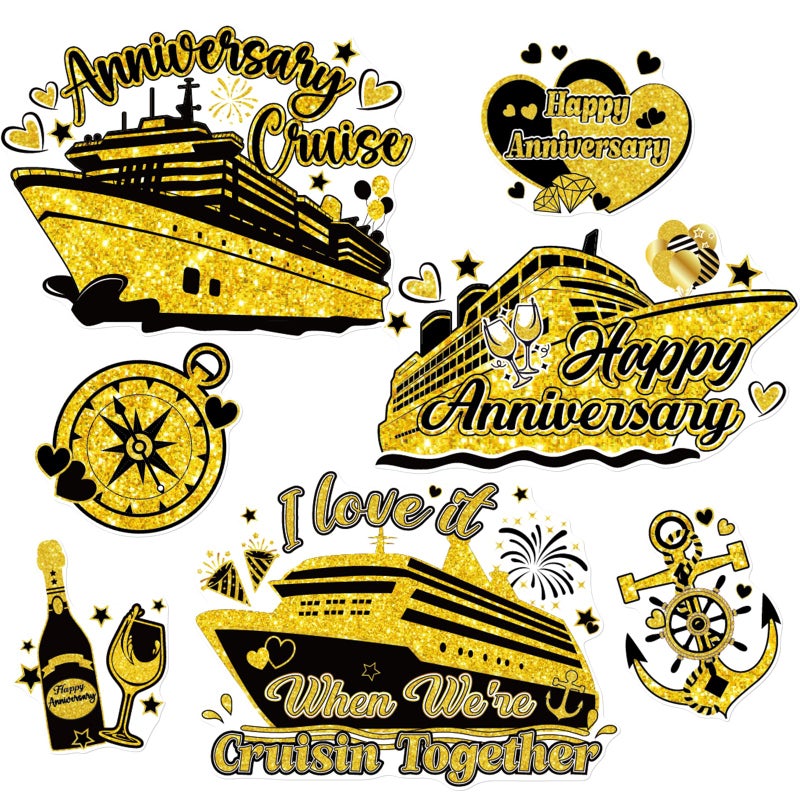 Dazoratix Anniversary Cruise Door Decorations - 7 Pcs Gold Ship Cabin Magnetic Stickers Anchor Magnets Stateroom Accessories for Wedding Party Carnival Fridge Decals Refrigerator Magnet Decor - Image 1