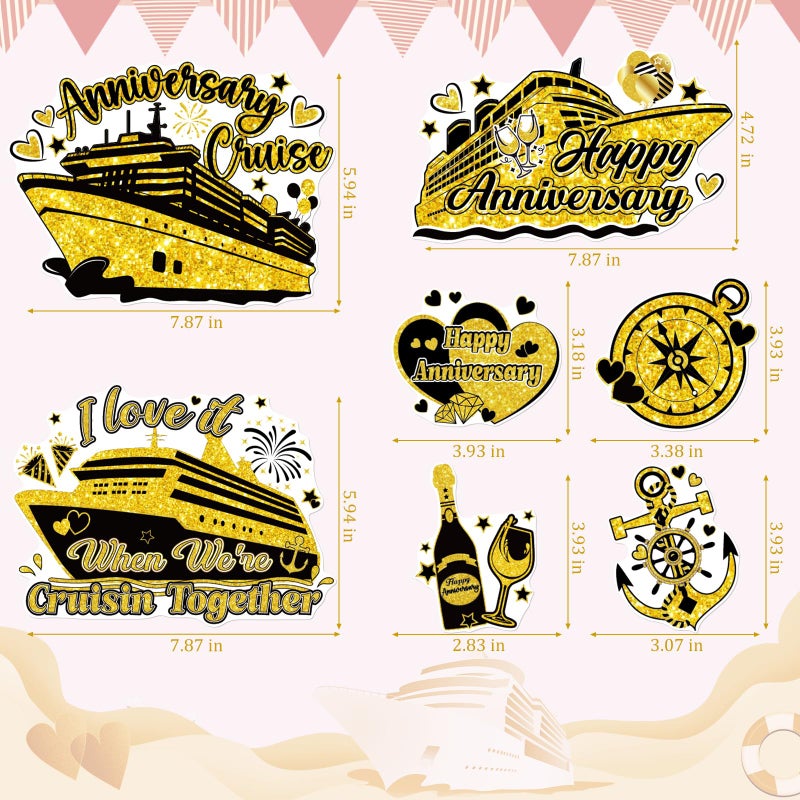 Dazoratix Anniversary Cruise Door Decorations - 7 Pcs Gold Ship Cabin Magnetic Stickers Anchor Magnets Stateroom Accessories for Wedding Party Carnival Fridge Decals Refrigerator Magnet Decor - Image 5
