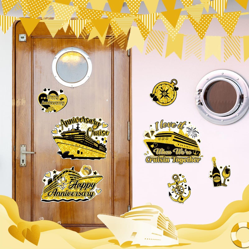 Dazoratix Anniversary Cruise Door Decorations - 7 Pcs Gold Ship Cabin Magnetic Stickers Anchor Magnets Stateroom Accessories for Wedding Party Carnival Fridge Decals Refrigerator Magnet Decor - Image 3