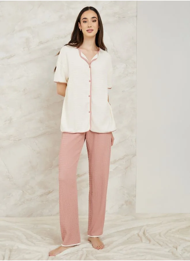 Styli Textured Contrast Edge & Pyjama Set
