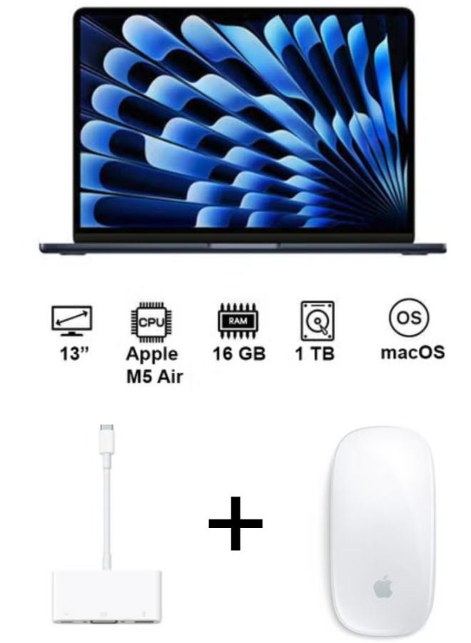 Apple MacBook Air MDHF4 Laptop with 13 Inch Full HD / Apple M5 Air | 10-Core CPU 10-Core GPU / 16 Gigabyte / 1 Terabyte SSD / Integrated Graphics Card / English/Arabic Keyboard with Apple USB-C VGA Multiport Adapter and apple Magic Mouse (USB-C Port) - White Multi-Touch Surface (2024) - Official Stock English/Arabic Midnight - Image 1