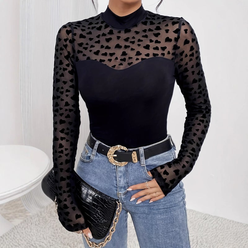 Sheer Mesh Panel Long Sleeve Slim Fit T-Shirt Top - Image 1