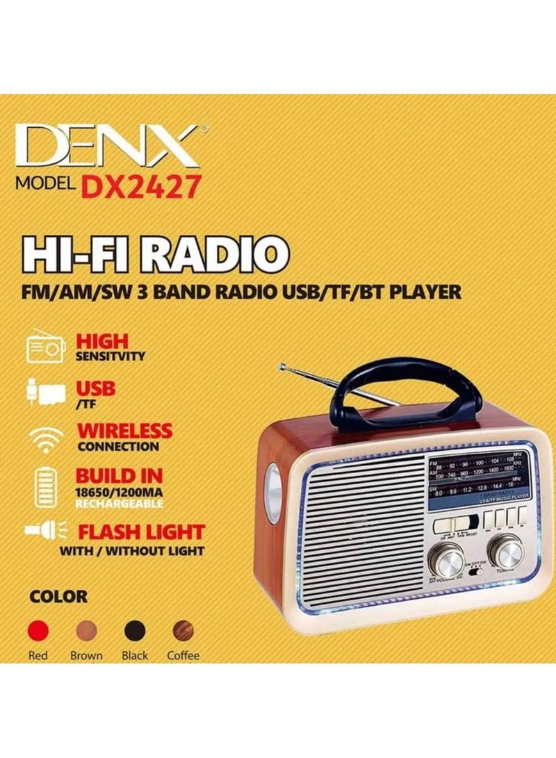 Denx Radio FM - AM - SW Brown wood Bluetooth Portable Audio TF Card USB Flash disk Aux playback - Image 1