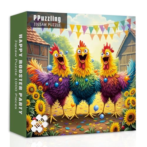 PPuzzling Funny Chicken Puzzles for Adults 1000 Pieces Colorful Rooster Farm Jigsaw Puzzles Happy Sunflower Barnyard Party Puzzle - Image 1