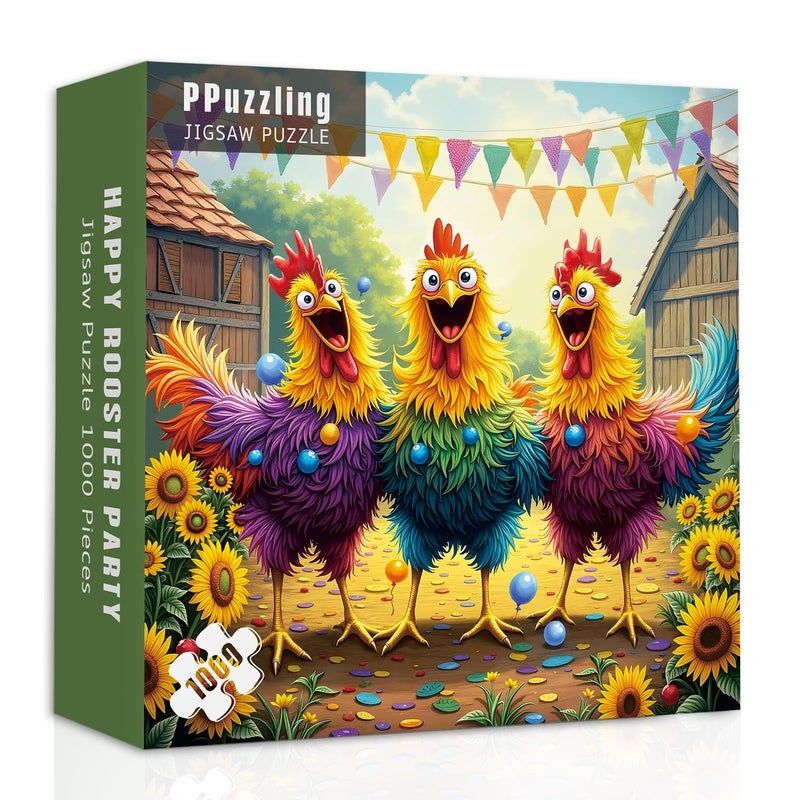 PPuzzling Funny Chicken Puzzles for Adults 1000 Pieces Colorful Rooster Farm Jigsaw Puzzles Happy Sunflower Barnyard Party Puzzle - Image 3