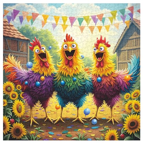 PPuzzling Funny Chicken Puzzles for Adults 1000 Pieces Colorful Rooster Farm Jigsaw Puzzles Happy Sunflower Barnyard Party Puzzle - Image 5