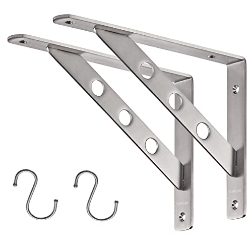 YUMORE Stainless Steel Shelf Bracket 10", Heavy Duty Solid Shelf Support Corner Brace Joint Right Angle Bracket, L Bracket with 2 S Hook, 2 Pack - Image 1