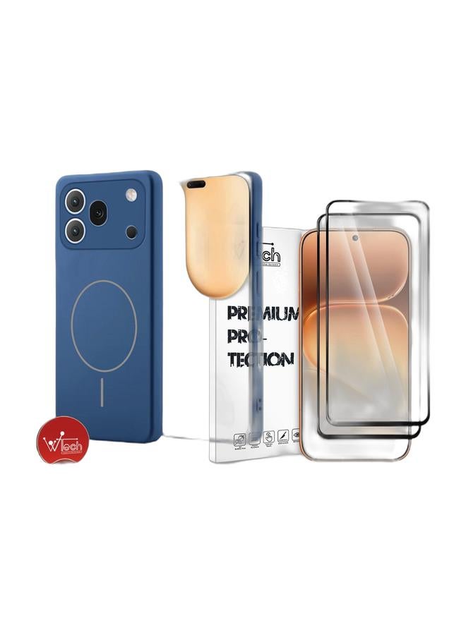 Wtech Honor 600 Pro 5G 2026 Premium Liquid Silicone Compatible With Thin Magsafe Ring Case Cover (MCMPMN) - Navy Blue & [2 PACK] Honor 600 5G 2026 Premium E2E Series Full Glue Full Cover Tempered Glass Screen Protector (MSGECN) - Clear/Black Bundle - Image 1