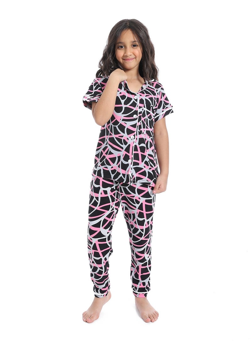 Caesar Girls' multi-colored half-sleeved pajamas with buttons on the front - Image 1