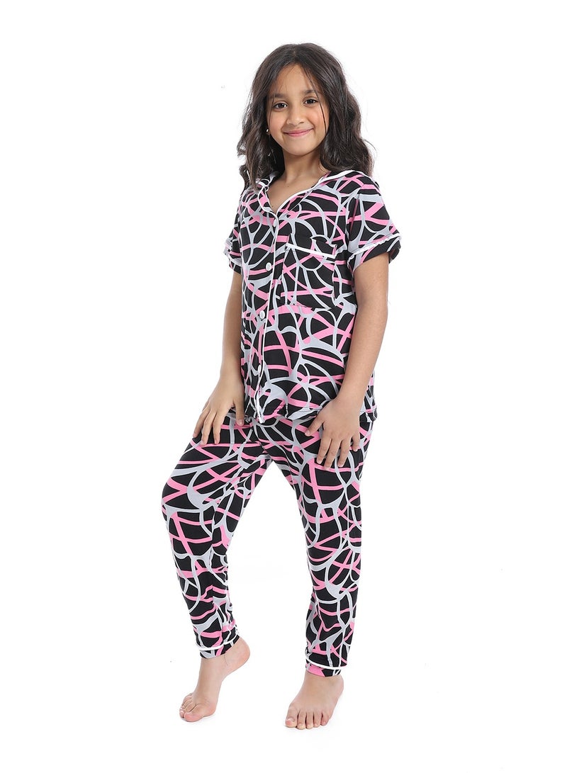 Caesar Girls' multi-colored half-sleeved pajamas with buttons on the front - Image 2