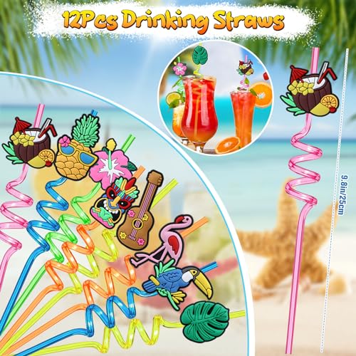 Winrayk 98Pcs Tropical Luau Party Favors Hawaiian Birthday Supplies Straw Mini Bubble Wand Slap Bracelet Keychain Sticker Pinata Filler Goody Bag Stuffer Kids Summer Pool Beach Hawaiian Party Favors - Image 5